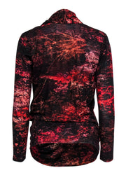 Current Boutique-Helmut Lang - Red & Black Abstract Forest Printed Draped Top Sz M