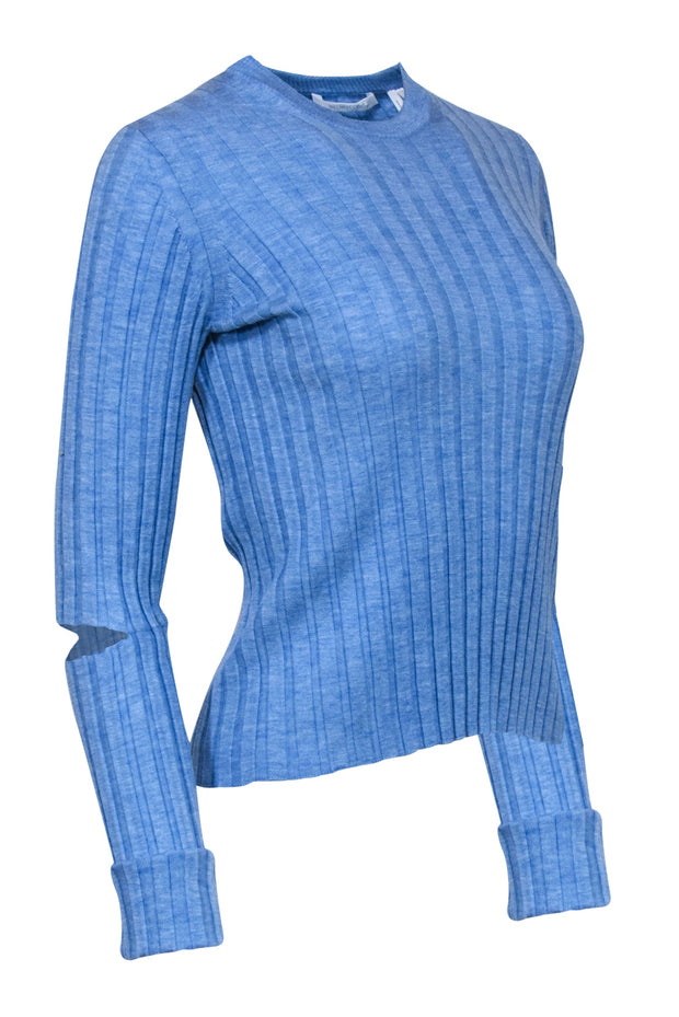 Current Boutique-Helmut Lang - Sky Blue Ribbed Wool Knit Sweater w/ Cutouts Sz M