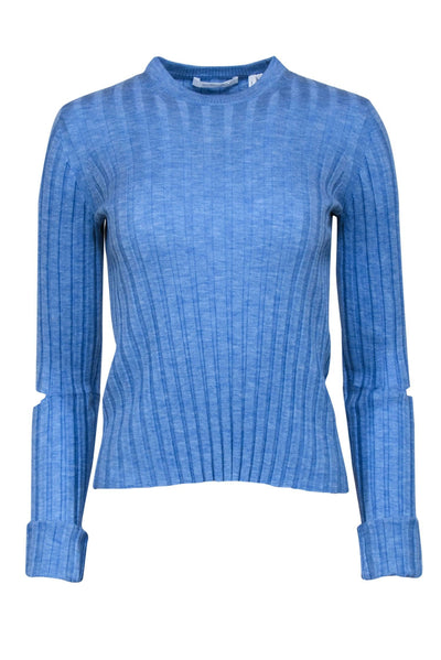 Current Boutique-Helmut Lang - Sky Blue Ribbed Wool Knit Sweater w/ Cutouts Sz M