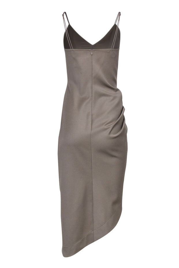 Current Boutique-Helmut Lang - Taupe Sleeveless Ruched Fitted Midi Dress w/ Asymmetrical Hem Sz 2