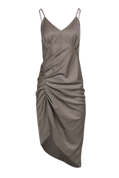 Current Boutique-Helmut Lang - Taupe Sleeveless Ruched Fitted Midi Dress w/ Asymmetrical Hem Sz 2