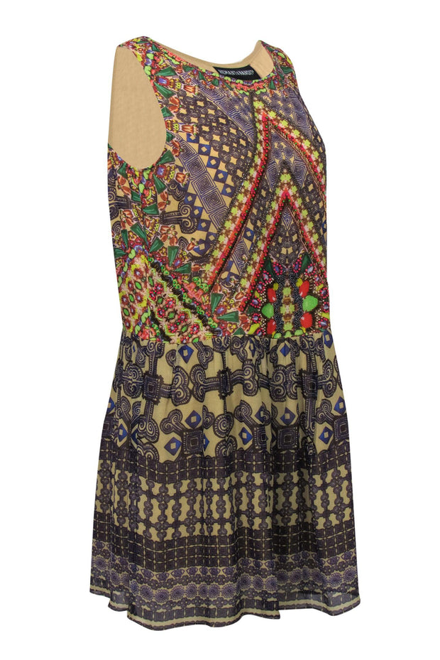 Current Boutique-Hemant & Nandita - Light Green & Multicolor Bohemian Print Beaded Silk Fit & Flare Dress Sz L
