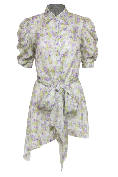 Current Boutique-Hemant & Nandita - White, Purple & Green Floral Puff Sleeve Dress Sz XS