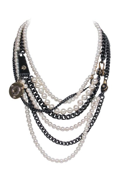 Current Boutique-Henri Bendel - Pewter Chain Layered Necklace w/ Faux Pearls & Lock Embellishment