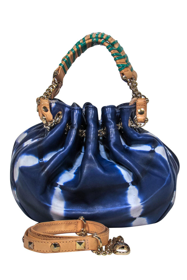 Current Boutique-Henri Bendel - Small Blue Tie Dye Leather Bucket Bag w/ Green Trim