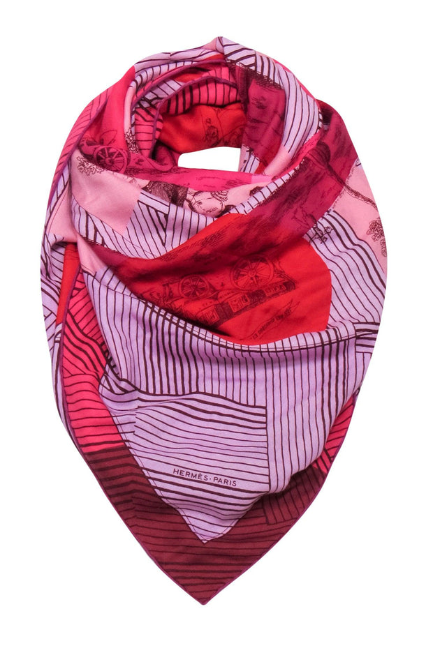 Current Boutique-Hermes - Red, Pink & Purple Striped & Victorian Print Cashmere & Silk Scarf