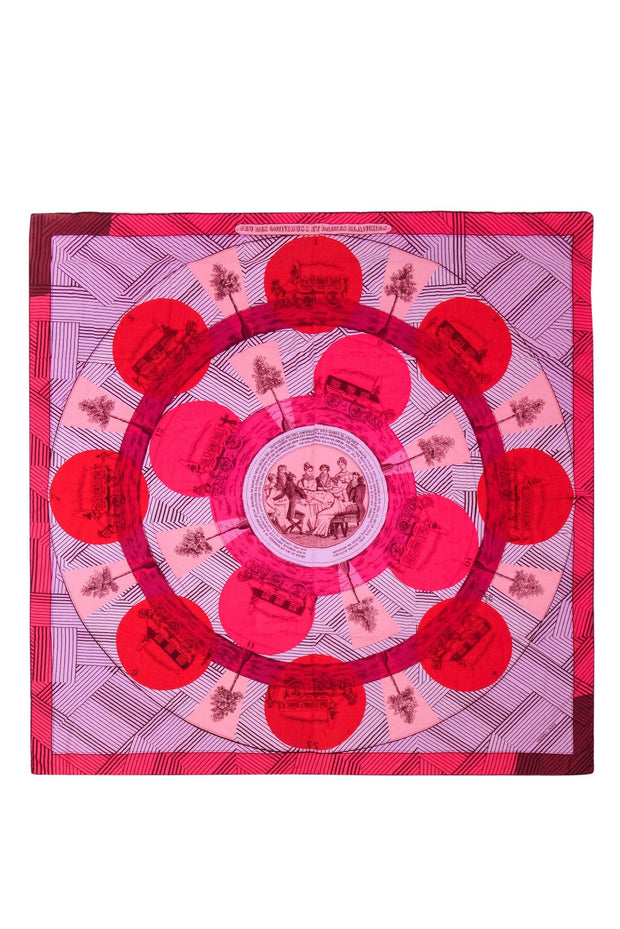 Current Boutique-Hermes - Red, Pink & Purple Striped & Victorian Print Cashmere & Silk Scarf