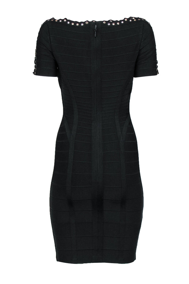 Current Boutique-Herve Leger - Black Bandage Bodycon Dress w/ Lace-Up & Grommet Trim Sz S