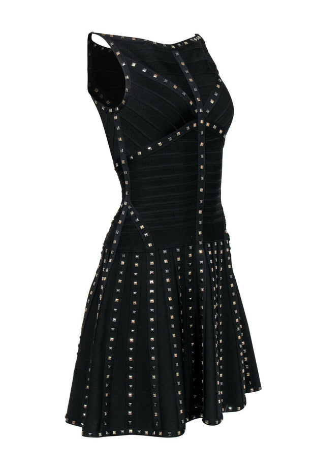 Current Boutique-Herve Leger - Black Sleeveless Bandage Fit & Flare Dress w/ Studs Sz S