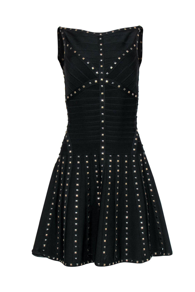 Herve Leger - Black Sleeveless Bandage Fit & Flare Dress w/ Studs