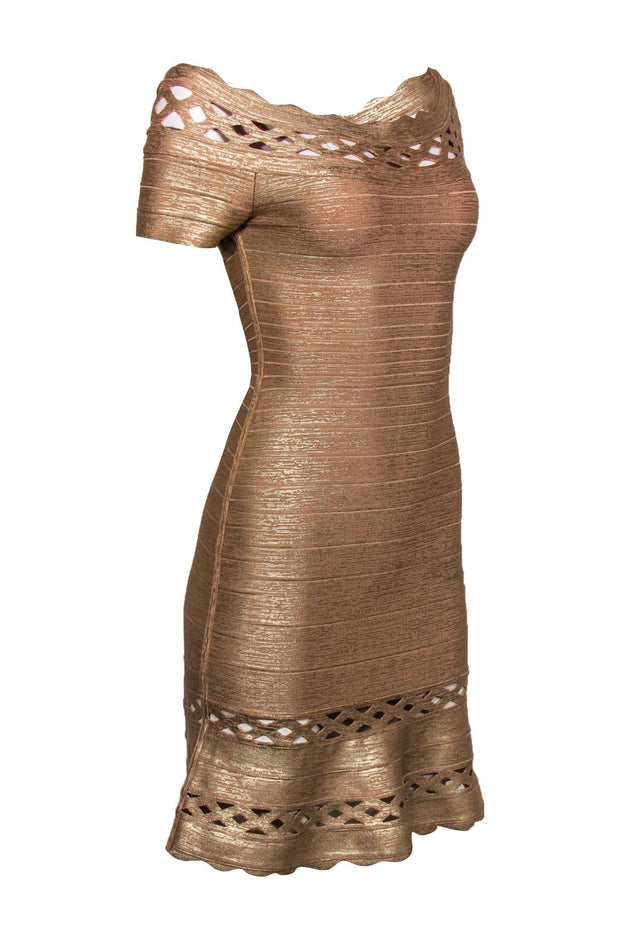 Current Boutique-Herve Leger - Gold Bandage Bodycon Dress w/ Lattice Cutouts Sz L