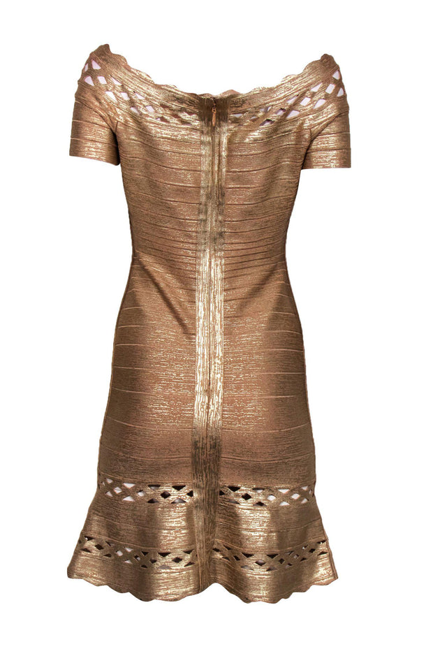 Current Boutique-Herve Leger - Gold Bandage Bodycon Dress w/ Lattice Cutouts Sz L