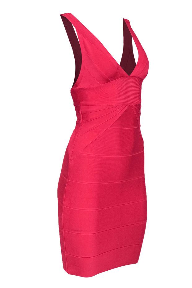 Current Boutique-Herve Leger - Hot Pink Plunging Bandage Bodycon Dress Sz XS