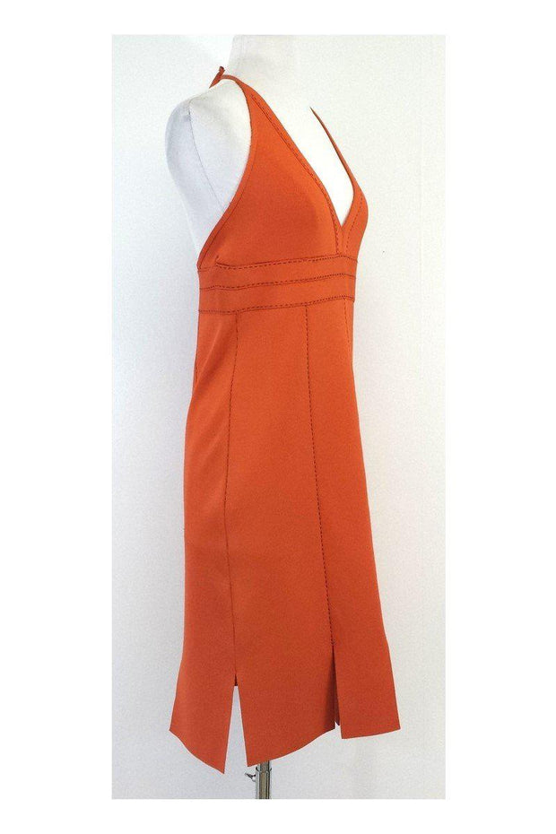 Current Boutique-Herve Leger - Orange & Brown Embroidered Halter Dress Sz L