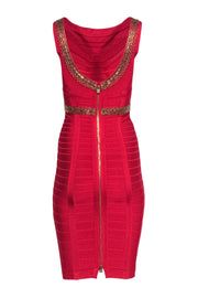 Current Boutique-Herve Leger - Red Bandage Dress w/ Antiqued Gold Beaded Trim Sz XS