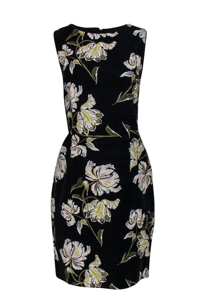 Current Boutique-Hobbs - Black, Ivory & Green Floral Print Sleeveless Shift Dress Sz 12