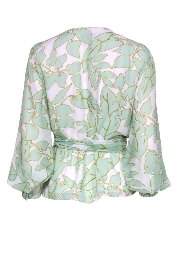 Current Boutique-Hobbs - Mint & Cream Leaf Wrap Long Sleeve Blouse Sz 10