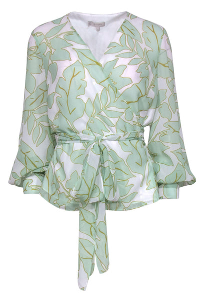 Current Boutique-Hobbs - Mint & Cream Leaf Wrap Long Sleeve Blouse Sz 10