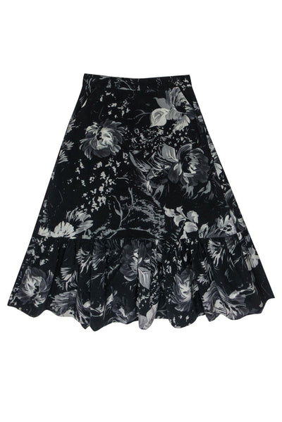 Current Boutique-Hope for Flowers by Tracy Reese - Black & Dark Green Floral Print Skirt w/ Flounce Hem Sz 2