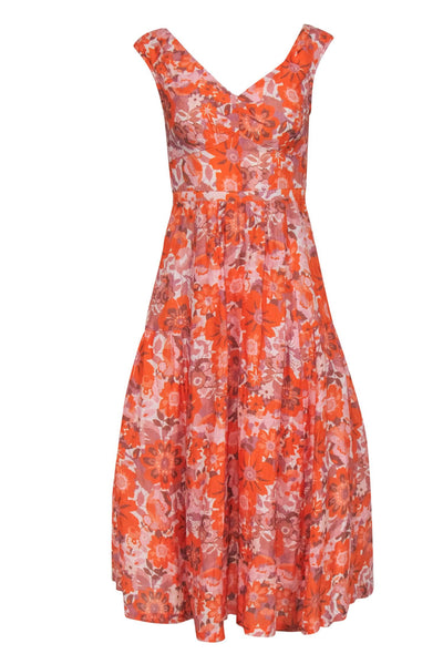 Current Boutique-Hope for Flowers by Tracy Reese - Orange Floral Print Sleeveless Linen Midi Dress Sz 2