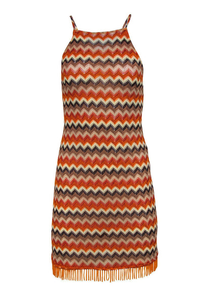Current Boutique-House of Harlow 1960 x Revolve - Orange, White & Beige Chevron Print Knitted Dress w/ Beaded Fringe Sz S