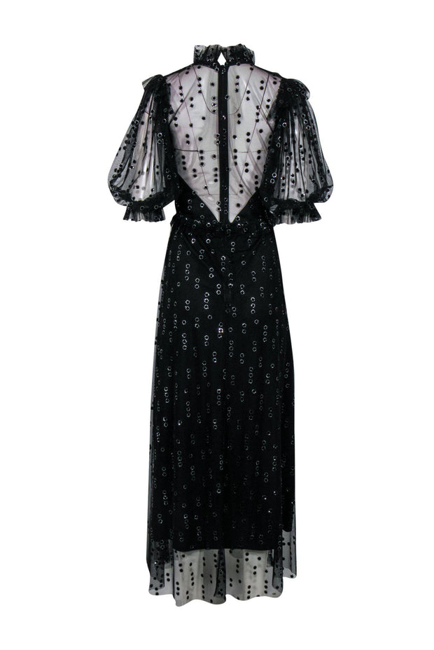 Current Boutique-Hunter Bell - Black & Silver Sparkly Polka Dot Sheer Ruffle Maxi Dress Sz 2