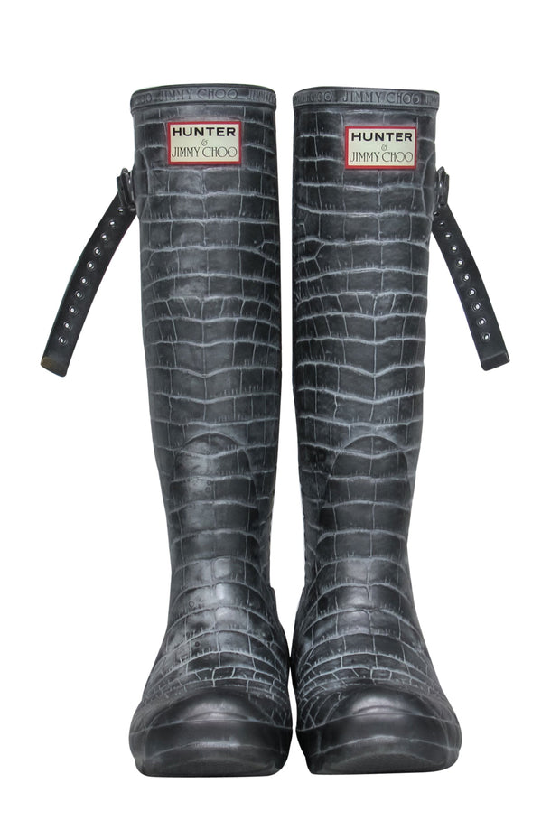 Current Boutique-Hunter x Jimmy Choo - Grey Alligator Embossed Rain Boots w/ Leopard Print Interior Sz 6.5