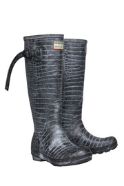 Current Boutique-Hunter x Jimmy Choo - Grey Alligator Embossed Rain Boots w/ Leopard Print Interior Sz 6.5