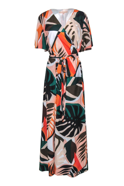 Current Boutique-Hutch - Multicolor Leaf Print Short Sleeve Wrap Maxi Dress Sz 1X