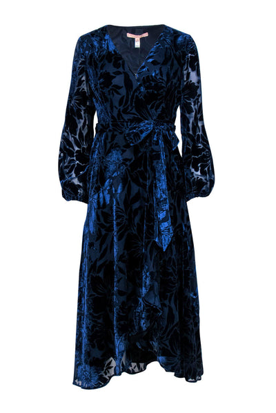 Current Boutique-Hutch - Navy Velvet Floral Embossed Long Sleeve Wrap Maxi Dress Sz SP