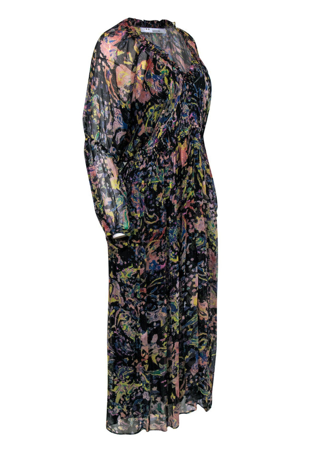 Current Boutique-IRO - Black Sheer Maxi Dress w/ Multicolor Print & Metallic Detail Sz 2