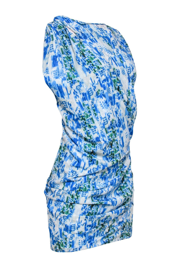 Current Boutique-IRO - Blue, White & Green Abstract Print Ruched Shift Dress w/ Shoulder Cutouts Sz 4