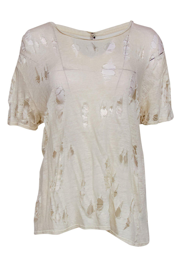 Current Boutique-IRO - Cream Short Sleeve Distressed Linen Tee Sz S