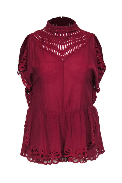 Current Boutique-IRO - Dark Cherry Embroidered High Neck Blouse Sz 4