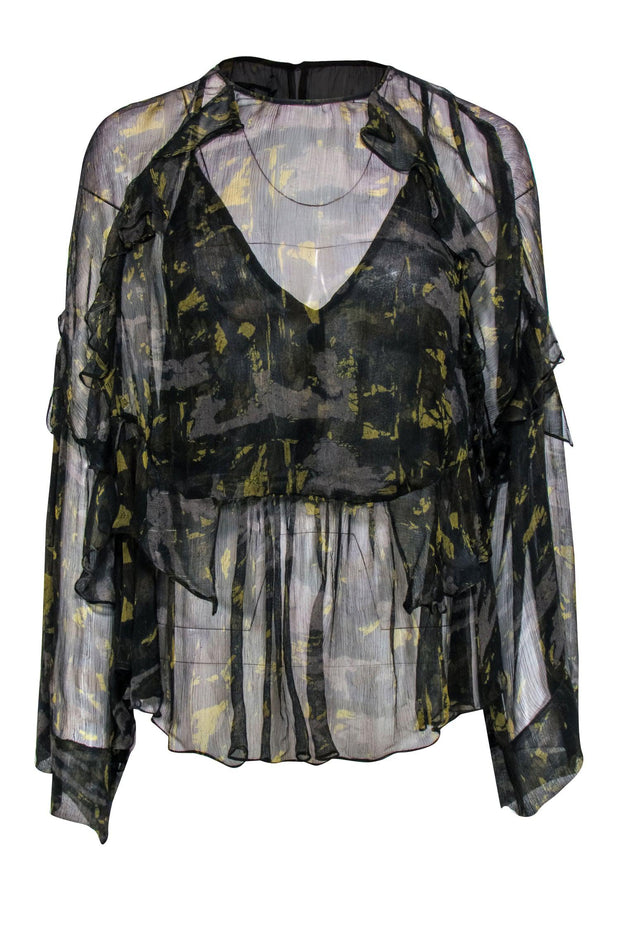 Current Boutique-IRO - Green Printed Sheer Ruffle Blouse Size S/M