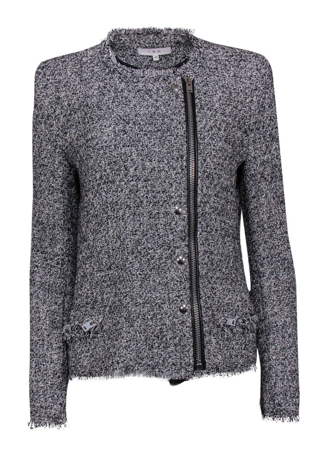 Current Boutique-IRO - Grey & Black Woven Zip-Up Jacket w/ Frayed Trim Sz 10