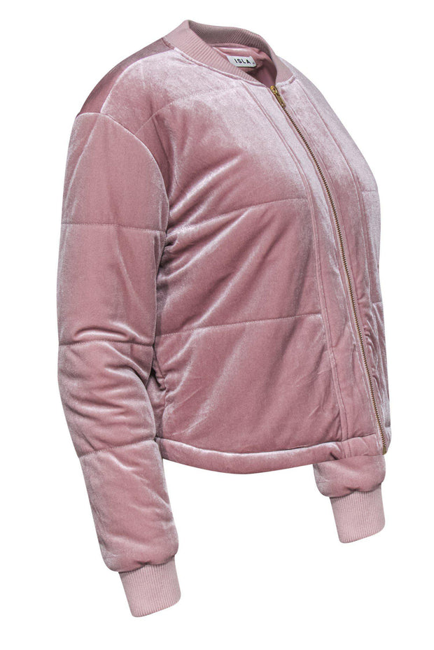 Current Boutique-ISLA - Blush Pink Velour Puffer Bomber Jacket Sz XS