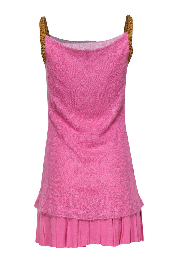 Current Boutique-Iisli - Pink Fuzzy Knit Slip Dress w/ Pleated Hem & Sequins Sz S