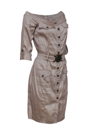 Current Boutique-Ikito - Beige Shimmer Button-Up Midi Dress w/ Waist Belt Sz L