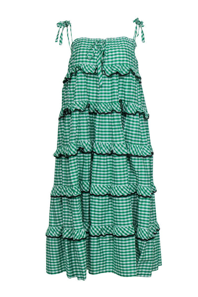 Current Boutique-Innika Choo - Green & White Gingham Print Sleeveless Tiered Maxi Dress Sz S