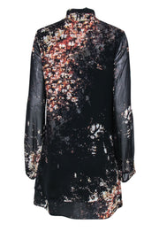 Current Boutique-Intermix - Black & Brown Floral Print Silk Shift Dress w/ Necktie Sz M