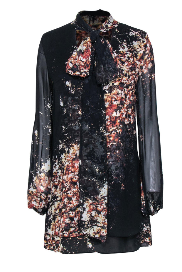 Current Boutique-Intermix - Black & Brown Floral Print Silk Shift Dress w/ Necktie Sz M