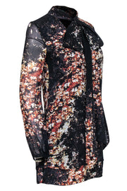 Current Boutique-Intermix - Black & Brown Floral Print Silk Shift Dress w/ Necktie Sz P