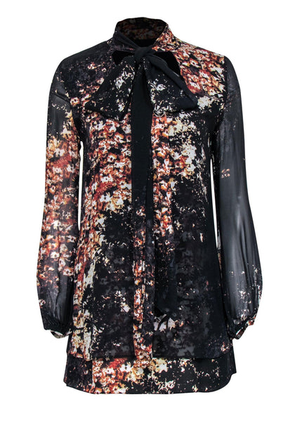 Current Boutique-Intermix - Black & Brown Floral Print Silk Shift Dress w/ Necktie Sz P
