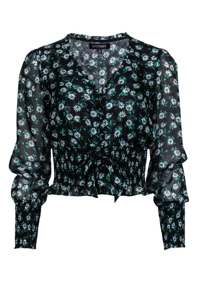 Current Boutique-Intermix - Black Daisy Print Silk Peasant-Style Blouse Sz 0