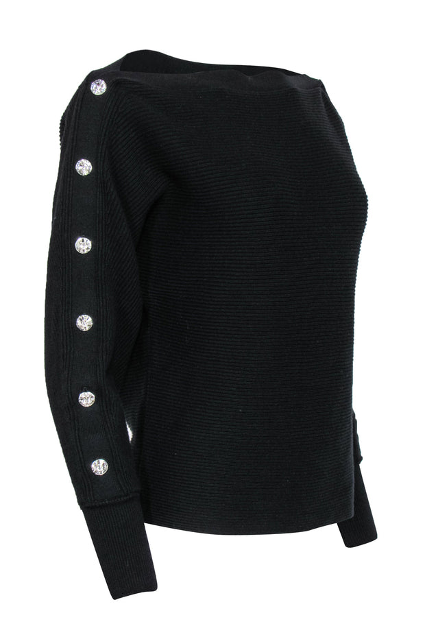 Current Boutique-Intermix - Black Ribbed Wide Neck Sweater w/ Rhinestone Buttons Sz P