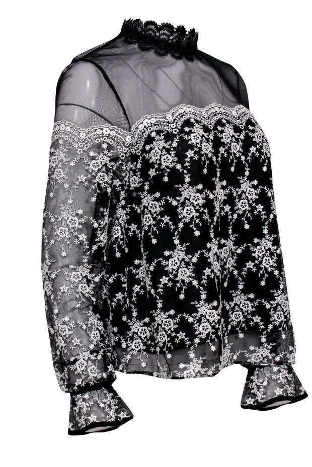 Current Boutique-Intermix - Black & White Floral Lace Mesh Top Sz S