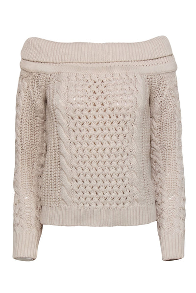 Current Boutique-Intermix - Cream Off-the-Shoulder Cable Knit Wool Blend Sweater Sz S