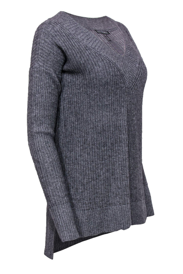 Current Boutique-Intermix - Dark Grey V-Neck Long Wool Blend Sweater Sz P