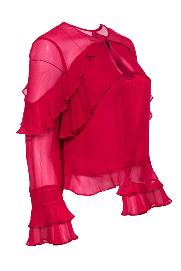 Current Boutique-Intermix - Fuschia Ruffle Long Sleeve Silk Blouse Sz P